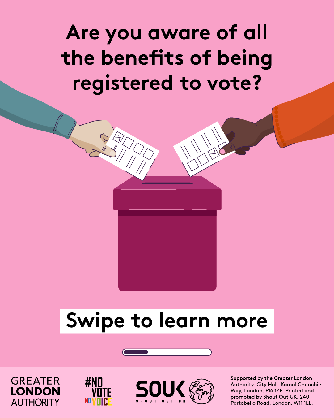 Are you aware of all the benefits of being registered to vote? Two hands putting a ballot paper into a ballot box. Swipe to learn more. 