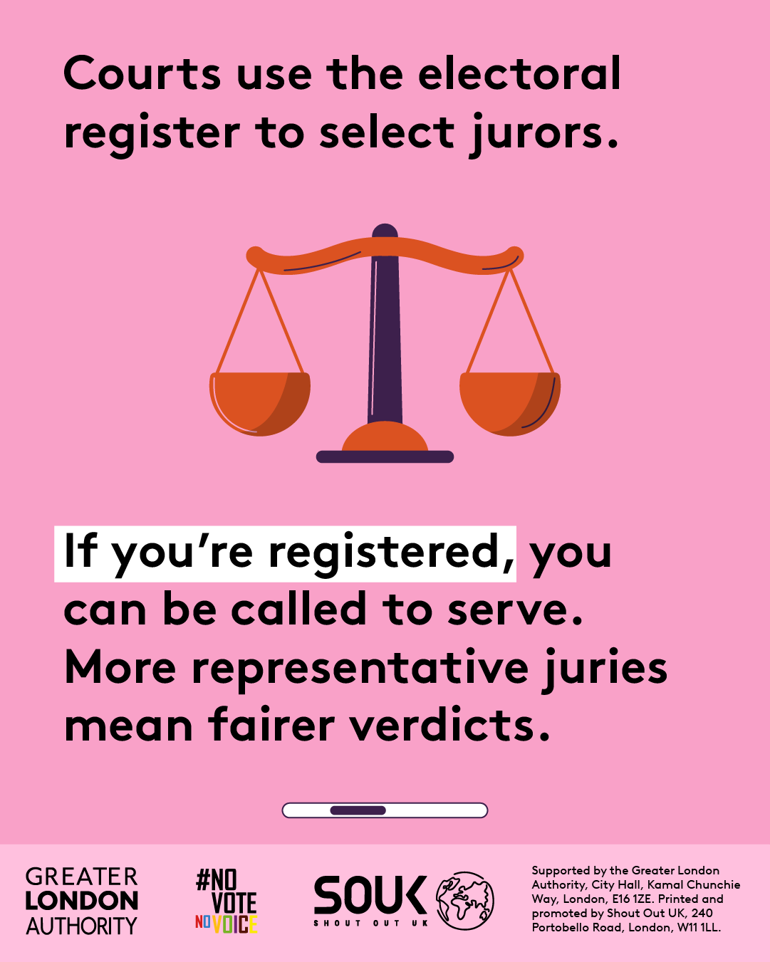 Courts use the electoral register to select jurors. Traditional weighing scales pictured are balanced. If you’re registered, you can be called to serve. More representative juries mean fairer verdicts. 