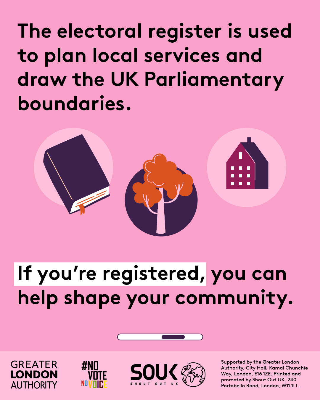 The electoral register is used to plan local services and draw the UK parliamentary boundaries. Bubbles with a book, tree and building in them. If you’re registered, you can help share your community. 