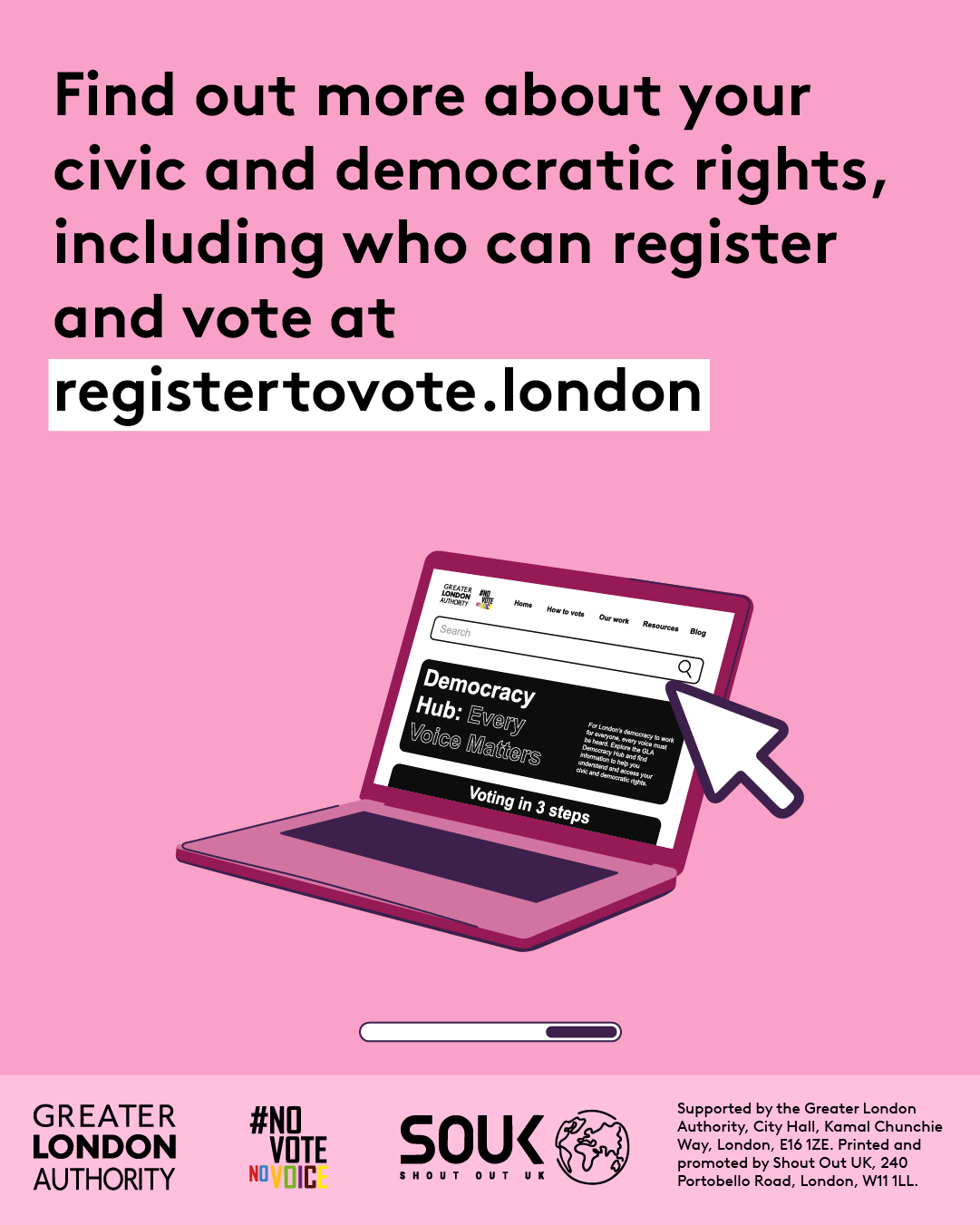Find out more about your civic and democratic rights including who can register and vote at GLA Democracy Hub with an open laptop computer with the Democracy Hub homepage on the screen. 