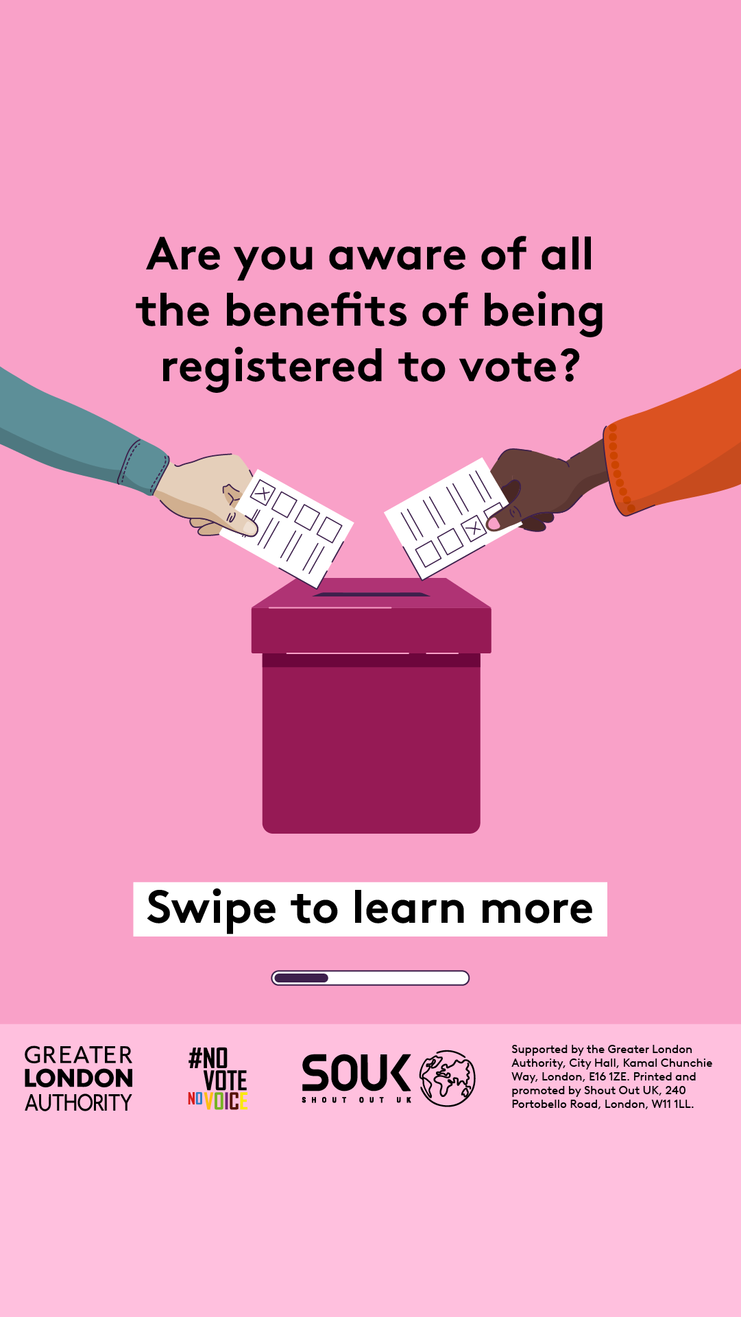 Are you aware of all the benefits of being registered to vote? Two hands putting a ballot paper into a ballot box. Swipe to learn more.    