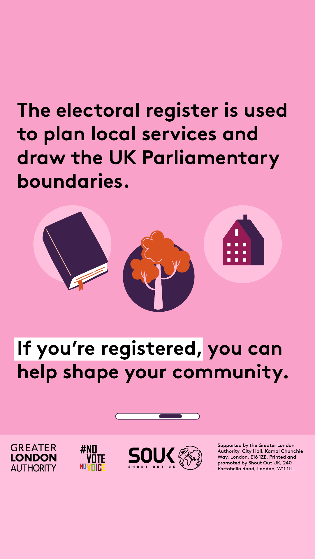The electoral register is used to plan local services and draw the UK parliamentary boundaries. Bubbles with a book, tree and building in them. If you’re registered, you can help share your community. 