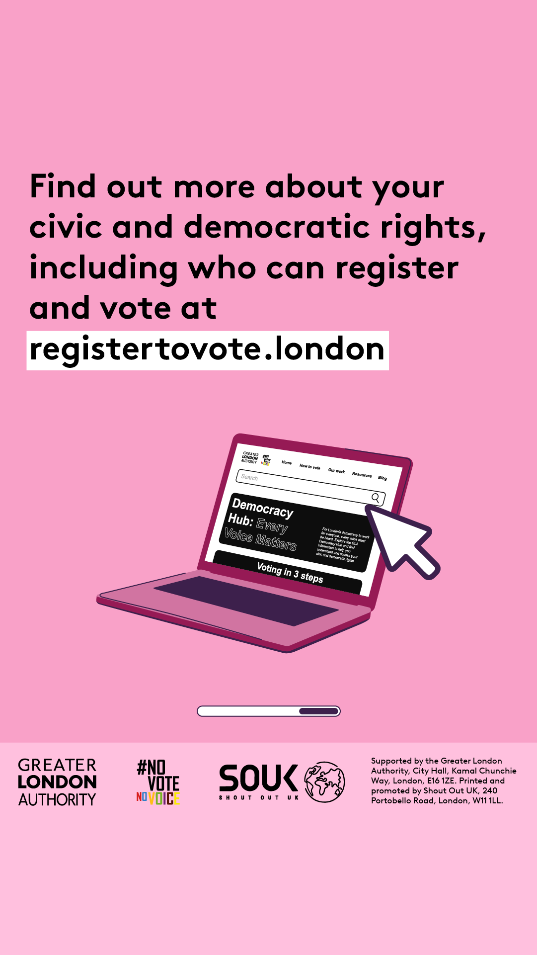 Find out more about your civic and democratic rights including who can register and vote at GLA Democracy Hub with an open laptop computer with the Democracy Hub homepage on the screen. 