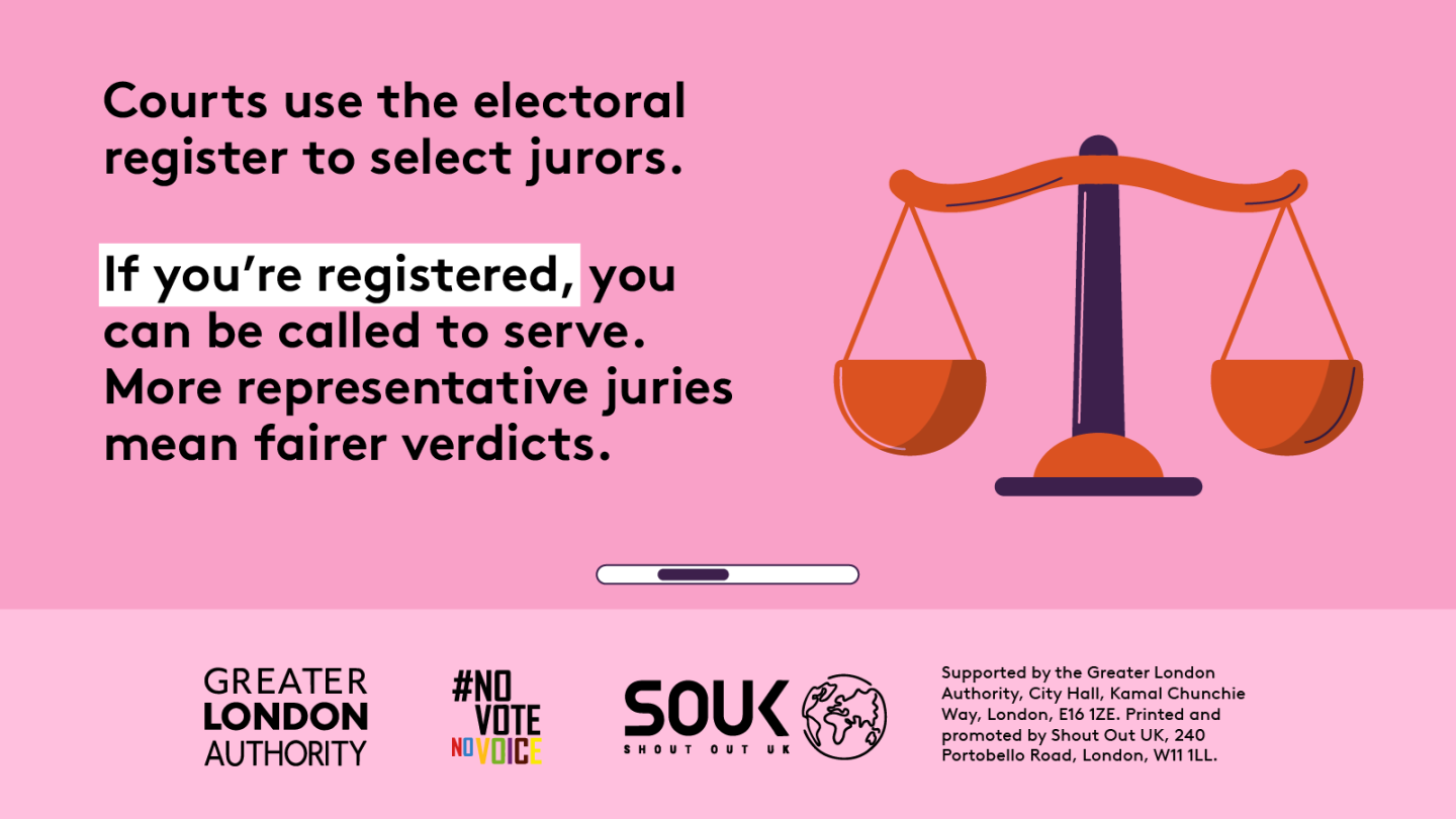 Courts use the electoral register to select jurors. Traditional weighing scales pictured are balanced. If you’re registered, you can be called to serve. More representative juries mean fairer verdicts. 