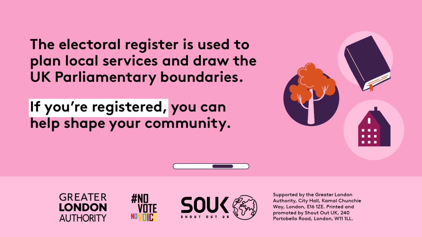 The electoral register is used to plan local services and draw the UK parliamentary boundaries. Bubbles with a book, tree and building in them. If you’re registered, you can help share your community. 