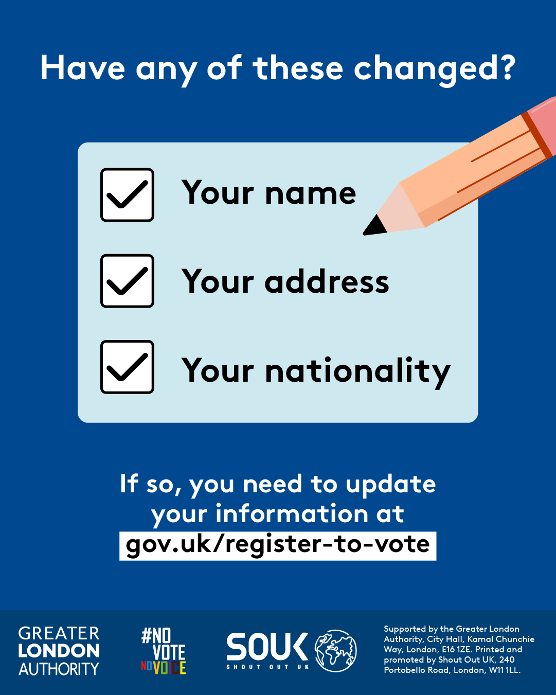 Have any of these changed?   A checklist with a pencil and check marks next to your name, your address and your nationality. If so, you need to update your information at Register to vote - GOV.UK. 