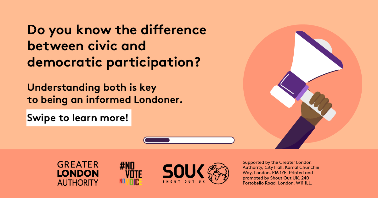 Do you know the difference between civic and democratic participation? A hand holding a megaphone. Understanding both is key to being an informed Londoner. Swipe to learn more! 