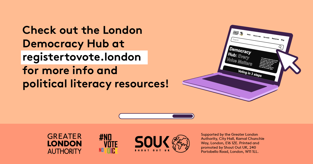Check out the London Democracy Hub at GLA Democracy Hub for more info and political literacy resources with an open laptop computer with the Democracy Hub homepage on the screen. 