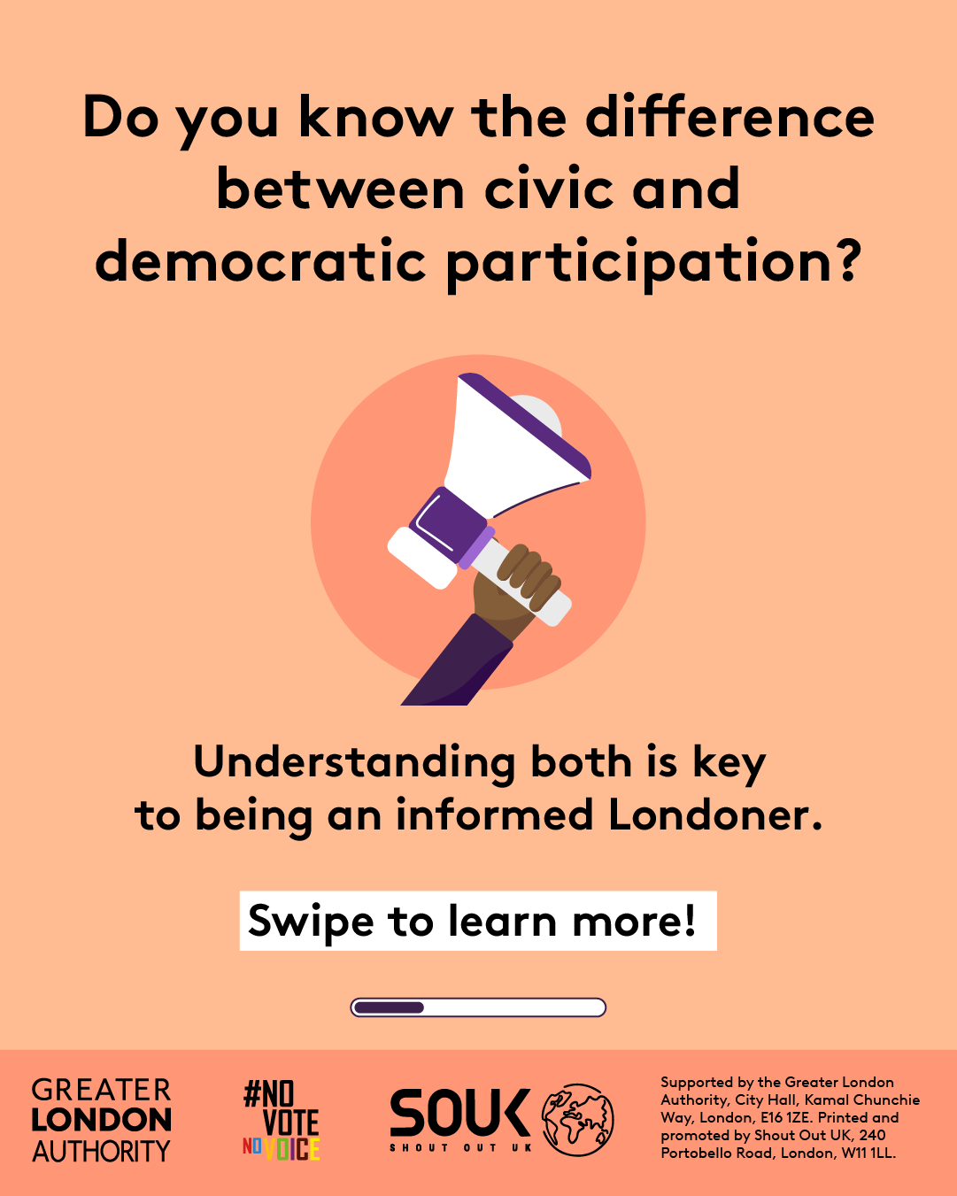 Do you know the difference between civic and democratic participation? A hand holding a megaphone. Understanding both is key to being an informed Londoner. Swipe to learn more! 