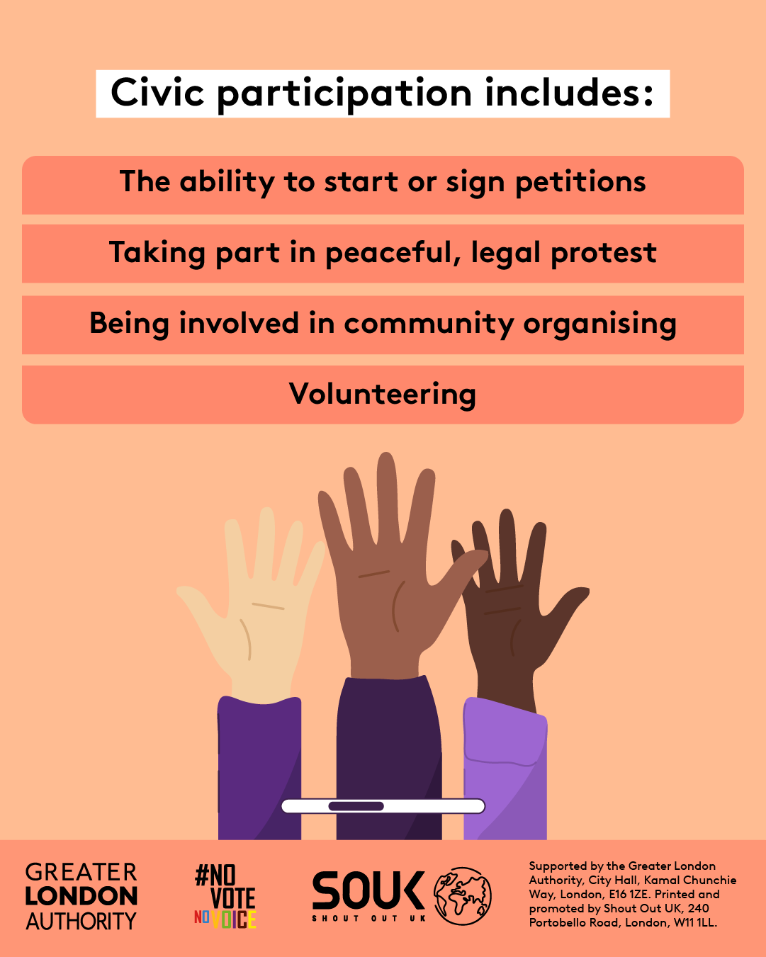 Civic participation includes the ability to start or sign petitions, taking part in peaceful, legal protest, being involved in community organising, volunteering. Three raised hands with open palms in different skin tones.    