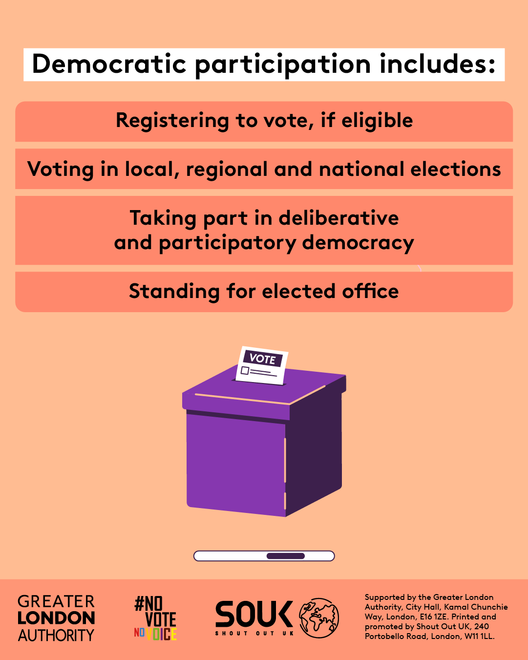 Democratic participation includes registering to vote, if eligible, voting in local, regional and national elections, taking part in deliberative and participatory democracy, standing for elected office. A ballot box with a ballot paper showing through the posting slot with ‘vote’ written on it. 