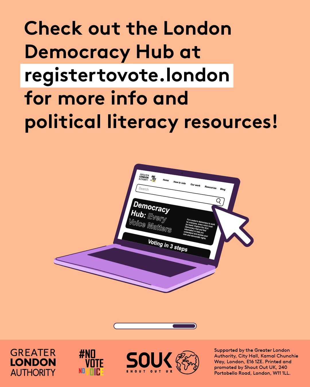 Check out the London Democracy Hub at GLA Democracy Hub for more info and political literacy resources with an open laptop computer with the Democracy Hub homepage on the screen. 