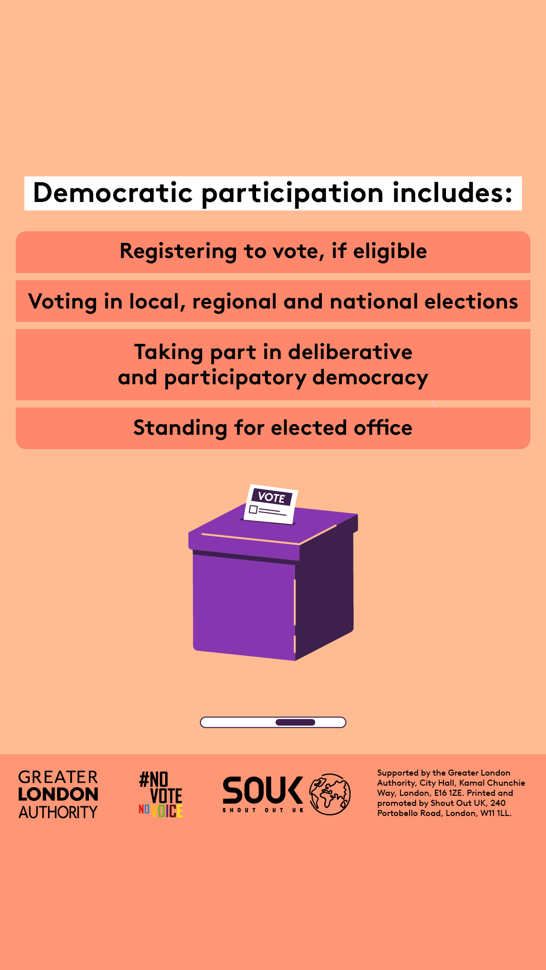 Democratic participation includes registering to vote, if eligible, voting in local, regional and national elections, taking part in deliberative and participatory democracy, standing for elected office. A ballot box with a ballot paper showing through the posting slot with ‘vote’ written on it. 