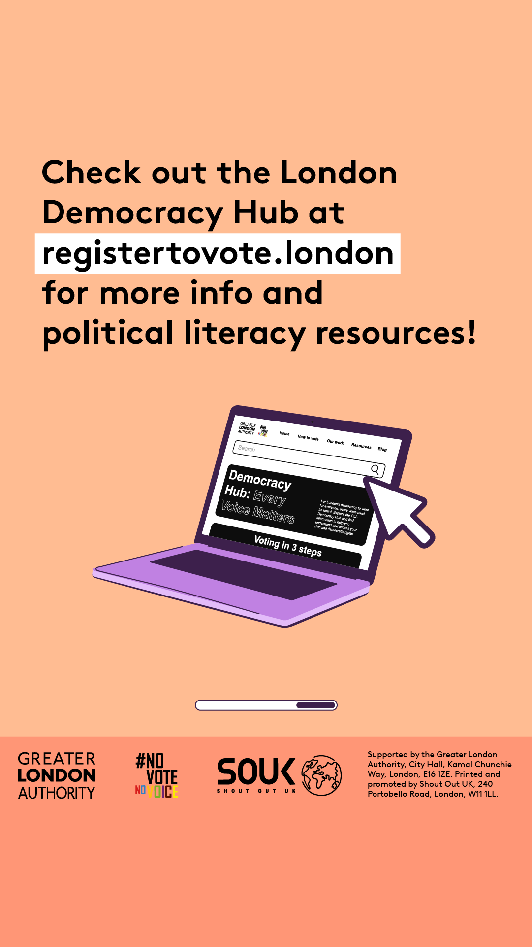 Check out the London Democracy Hub at GLA Democracy Hub for more info and political literacy resources with an open laptop computer with the Democracy Hub homepage on the screen. 