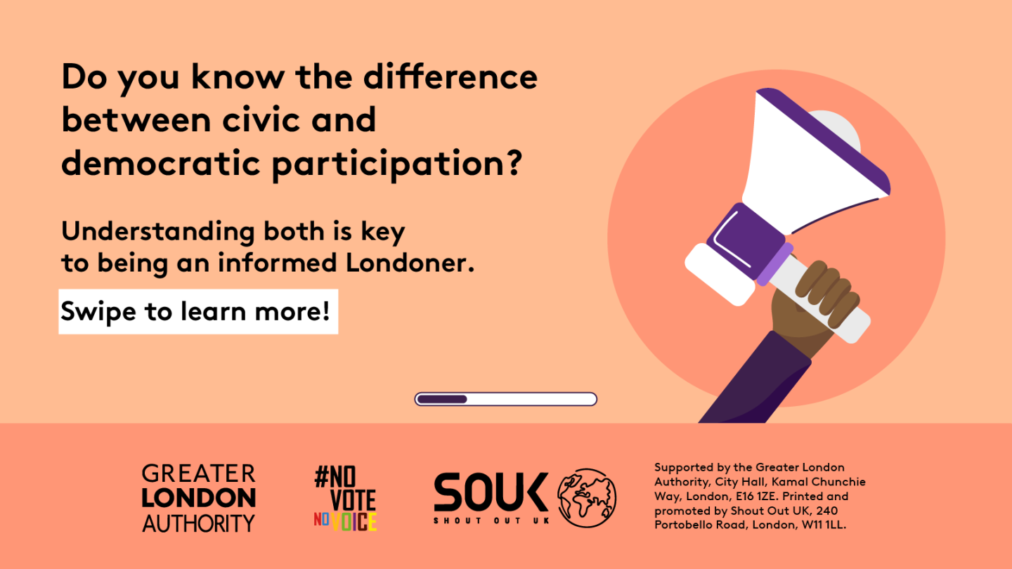 Do you know the difference between civic and democratic participation? A hand holding a megaphone. Understanding both is key to being an informed Londoner. Swipe to learn more! 