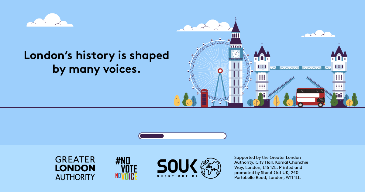 London’s history is shaped by many voices above some London landmarks including a red bus, red post-box, Tower Bridge, Big Ben and the London Eye. 