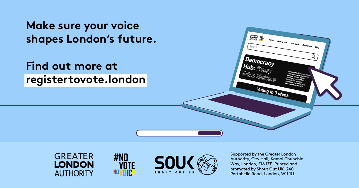 Make sure your voice shapes London’s future. Find out more at GLA Democracy Hub with an open laptop computer with the Democracy Hub homepage on the screen. 