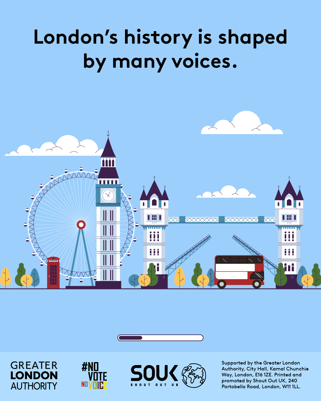 London’s history is shaped by many voices above some London landmarks including a red bus, red post-box, Tower Bridge, Big Ben and the London Eye.    