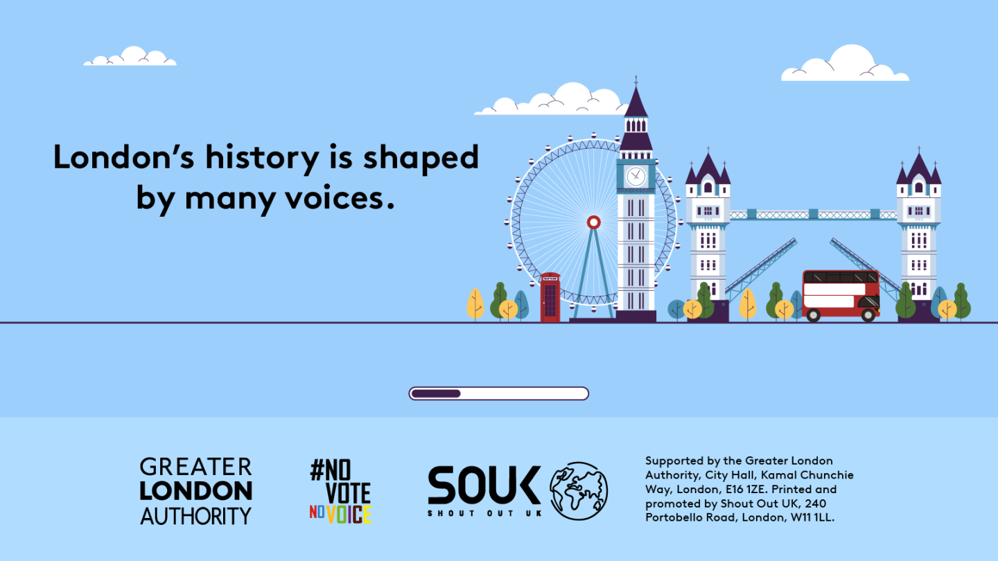 London’s history is shaped by many voices above some London landmarks including a red bus, red post-box, Tower Bridge, Big Ben and the London Eye. 