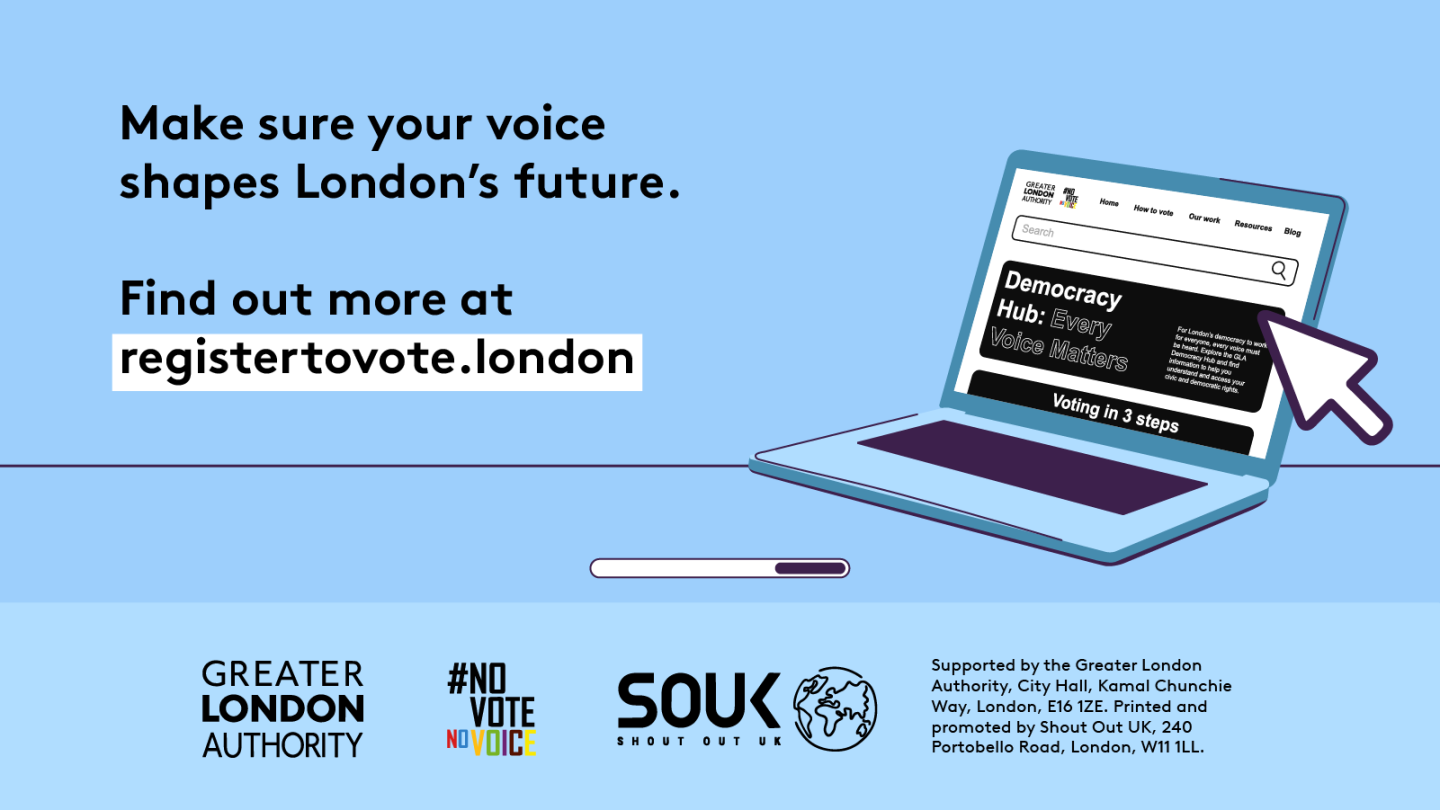 Make sure your voice shapes London’s future. Find out more at GLA Democracy Hub with an open laptop computer with the Democracy Hub homepage on the screen. 
