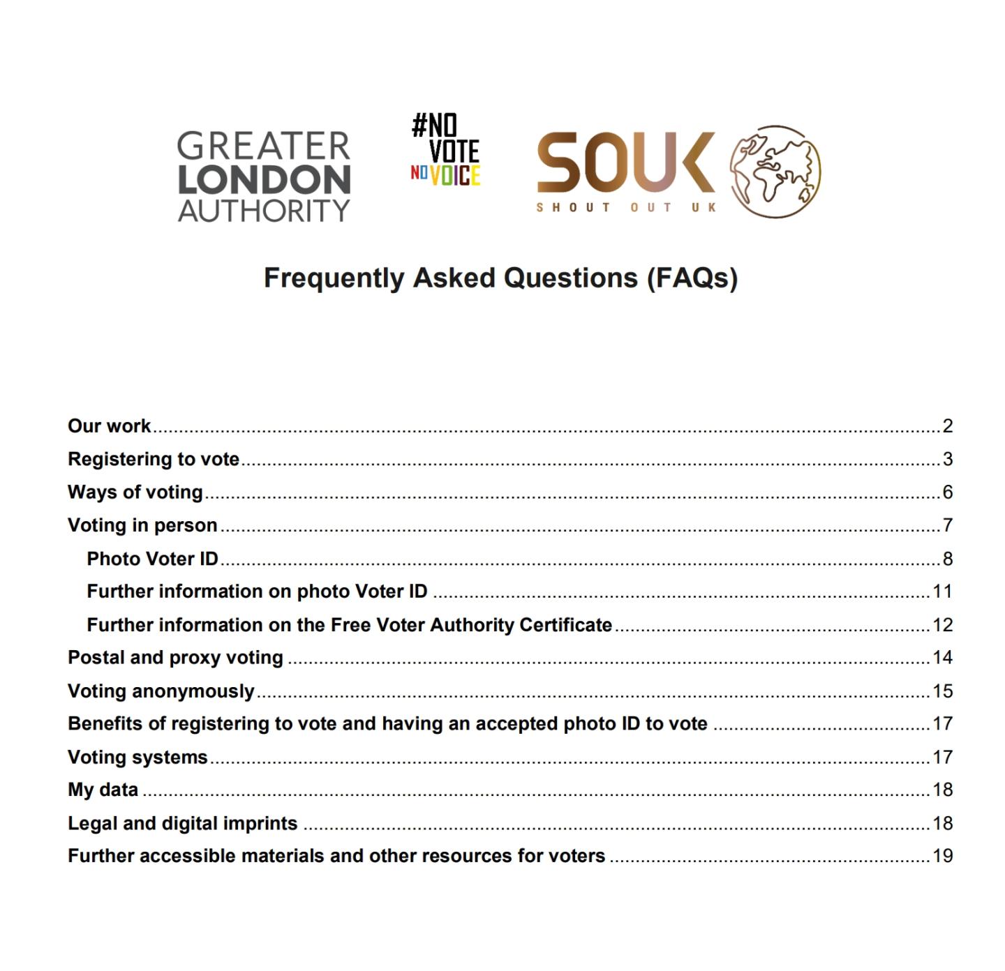 A preview of the contents page for the FAQ.