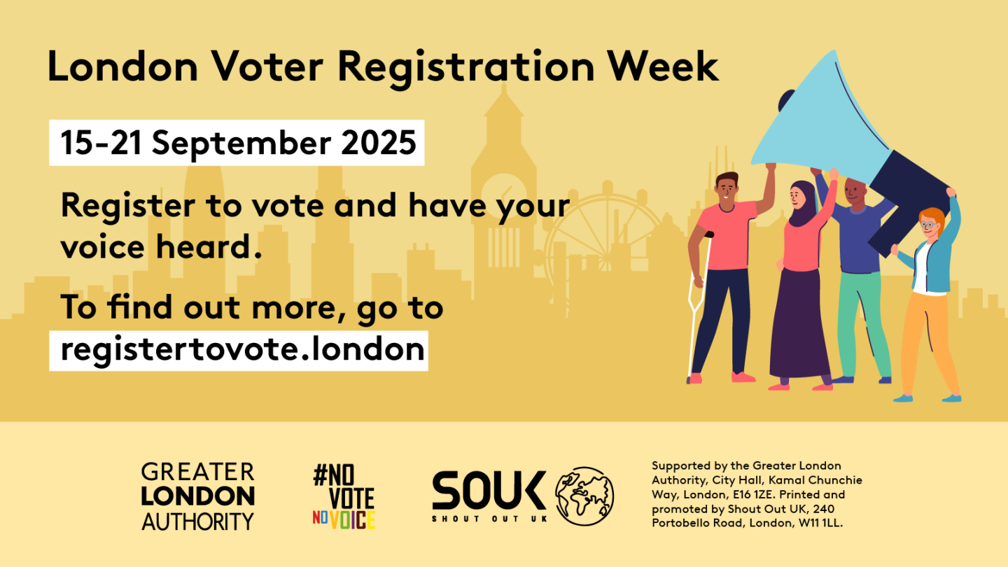Four diverse Londoners holding up a large megaphone with London skyline in the background. The text says ‘London Voter Registration Week 15th – 21st September 2025. Register to vote and have your voice heard. To find out more go to GLA Democracy Hub. 