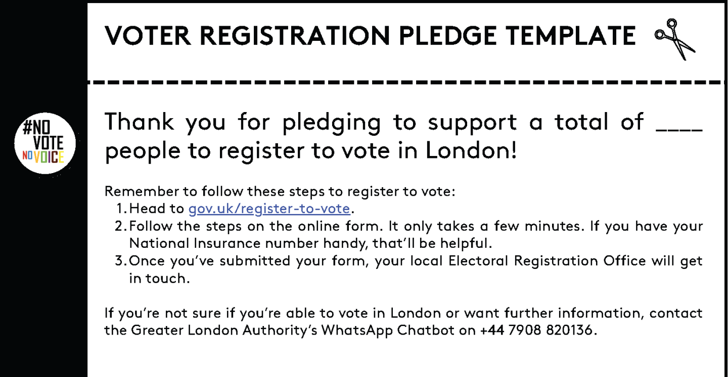 A pledge template that asks people to share how many people that will share information with or support to register to vote