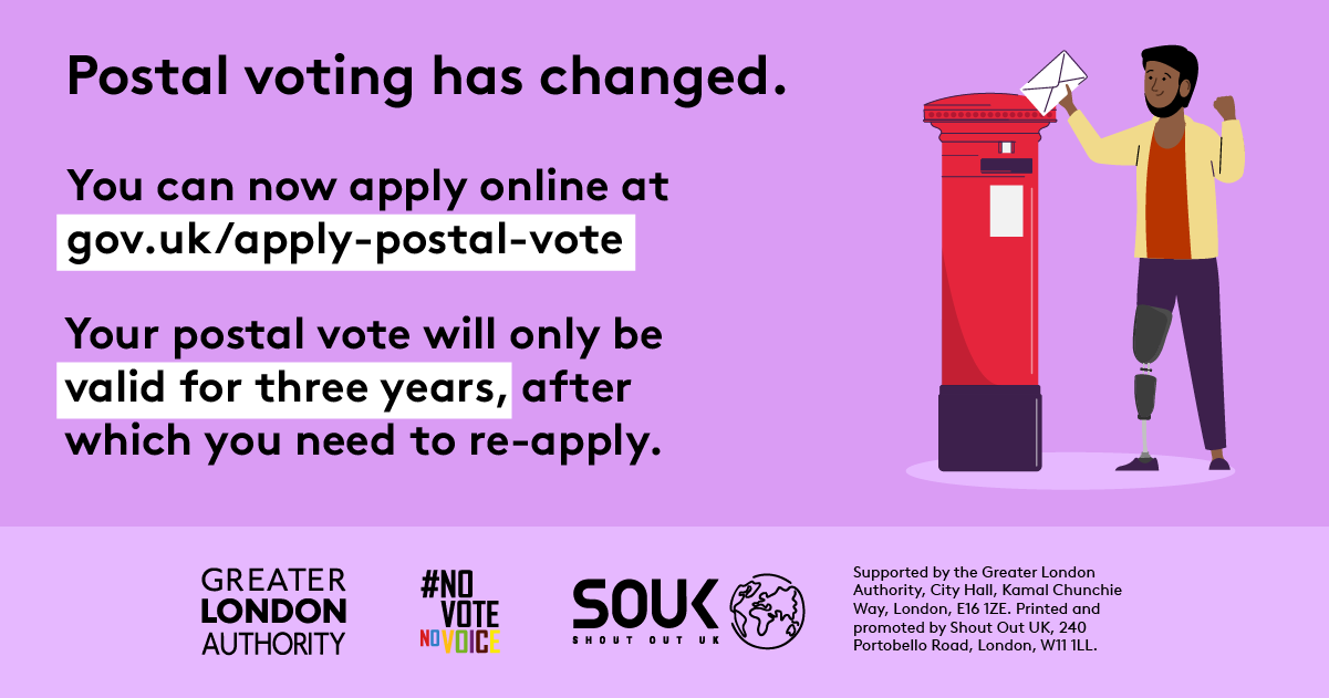 Postal voting has changed. You can now apply online at Apply for a postal vote - GOV.UK. A person is standing next to a red post box posting an envelope. Your postal vote will only be valid for three years, after which you will need to re-apply.  