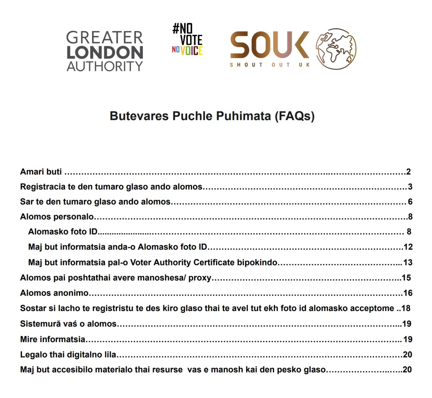 A preview of the contents page for the FAQ.