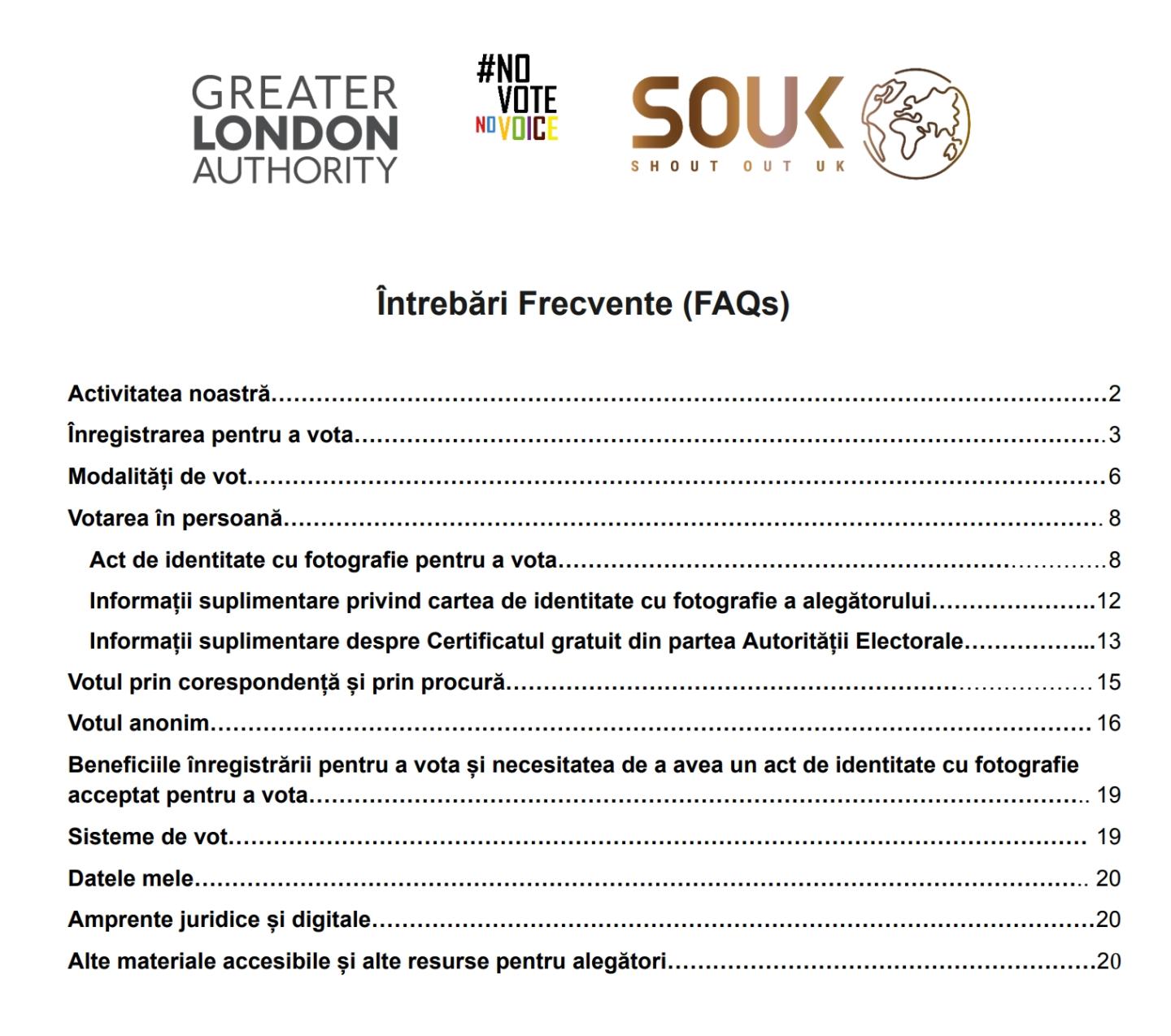 A preview of the contents page for the FAQ.