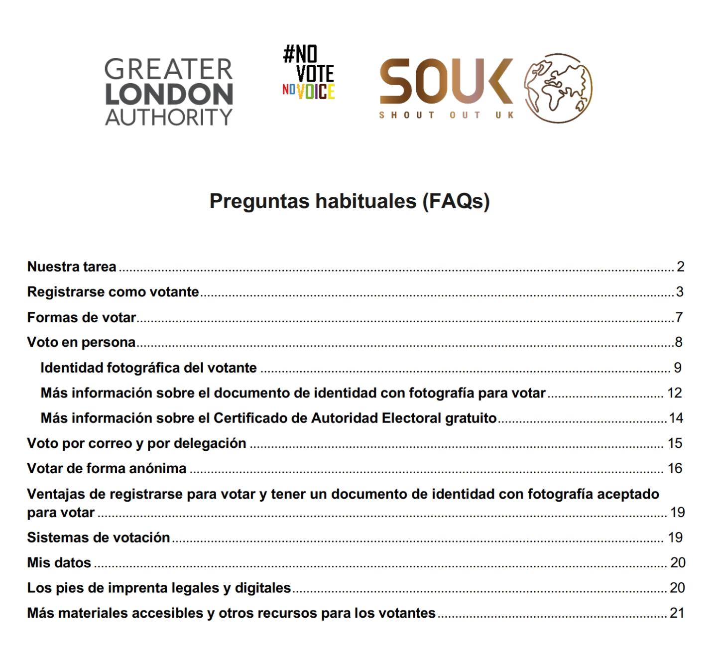 A preview of the contents page for the FAQ.