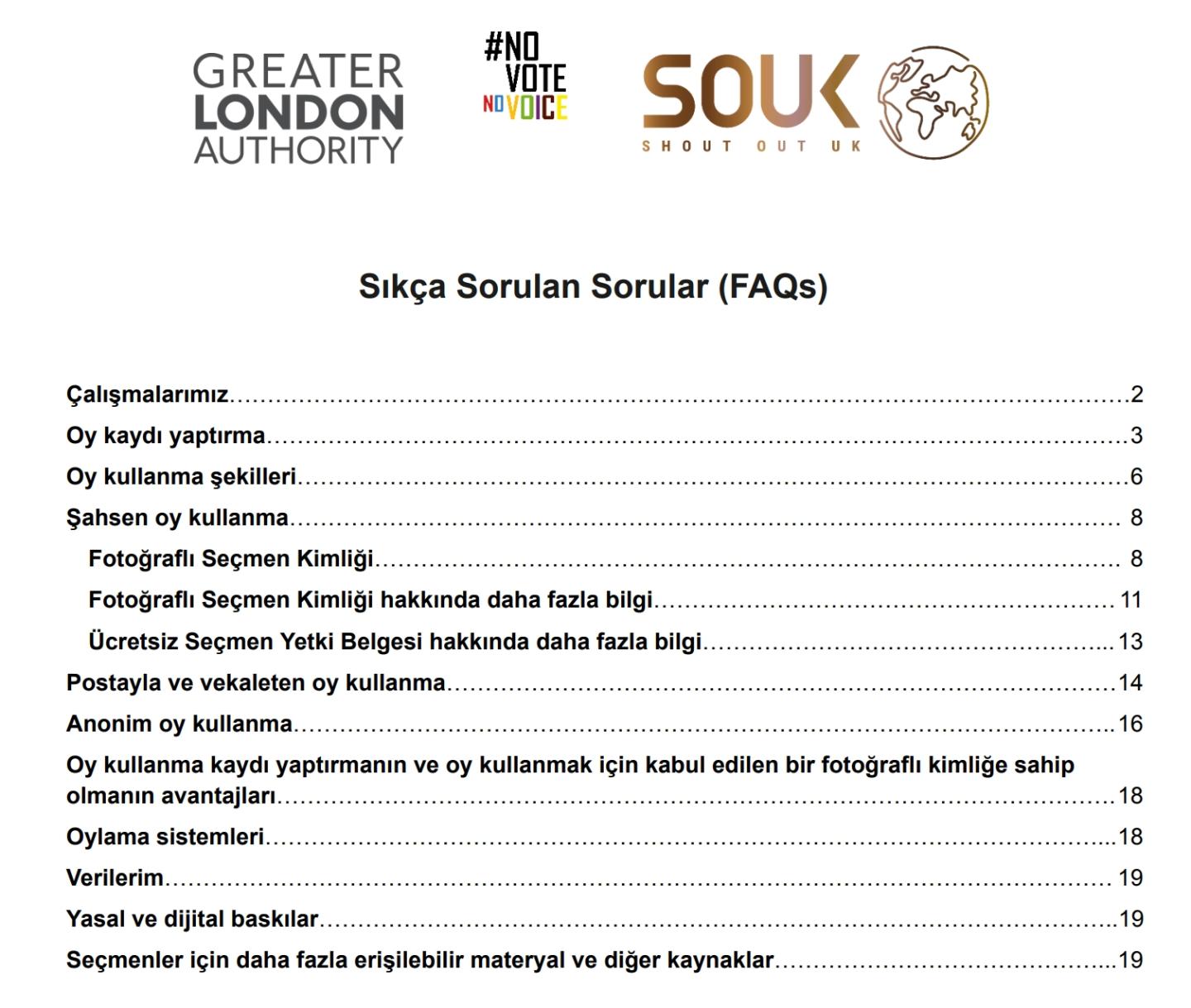 A preview of the contents page for the FAQ.