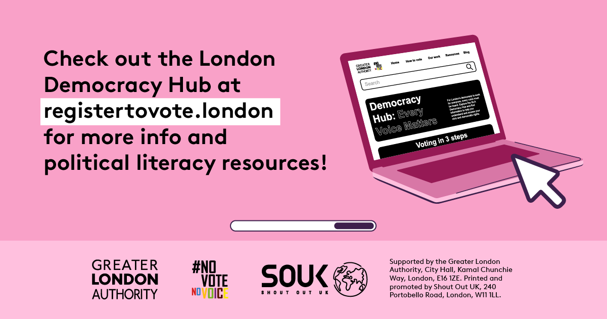 Check out the GLA Democracy Hub for more info on political literacy resources with an open laptop computer with the Democracy Hub homepage on the screen. 