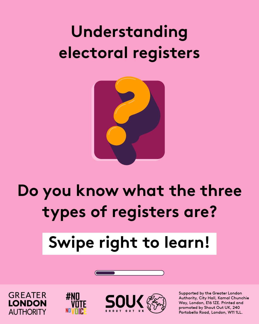 Understanding electoral registers with a three-dimensional question mark. Do you know what the three types of registers are? Swipe right to learn! 