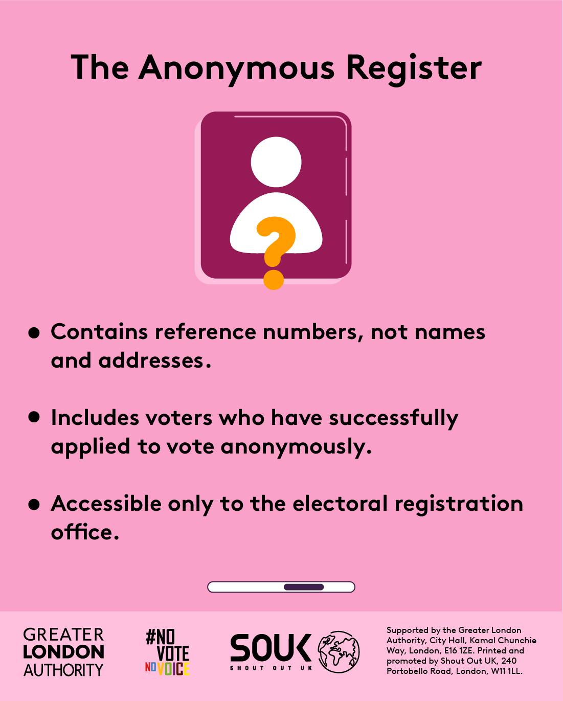 The anonymous register. Contains reference numbers, not names and addresses. Includes voters who have successfully applied to vote anonymously. Accessible only to the electoral registration office with an outline of a person with a question mark. 
