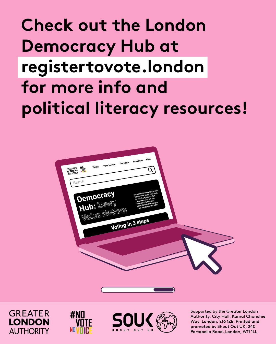Check out the GLA Democracy Hub for more info on political literacy resources with an open laptop computer with the Democracy Hub homepage on the screen. 