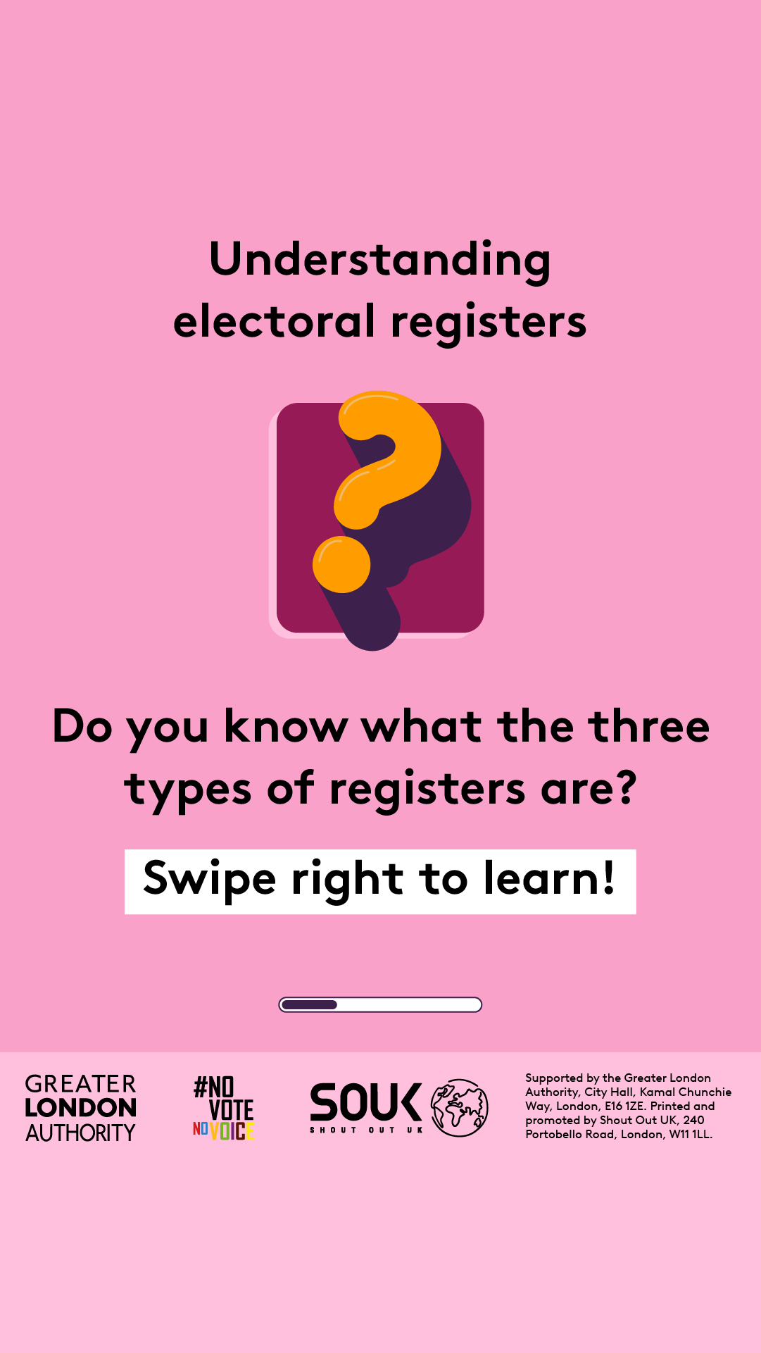 Understanding electoral registers with a three-dimensional question mark. Do you know what the three types of registers are? Swipe right to learn! 