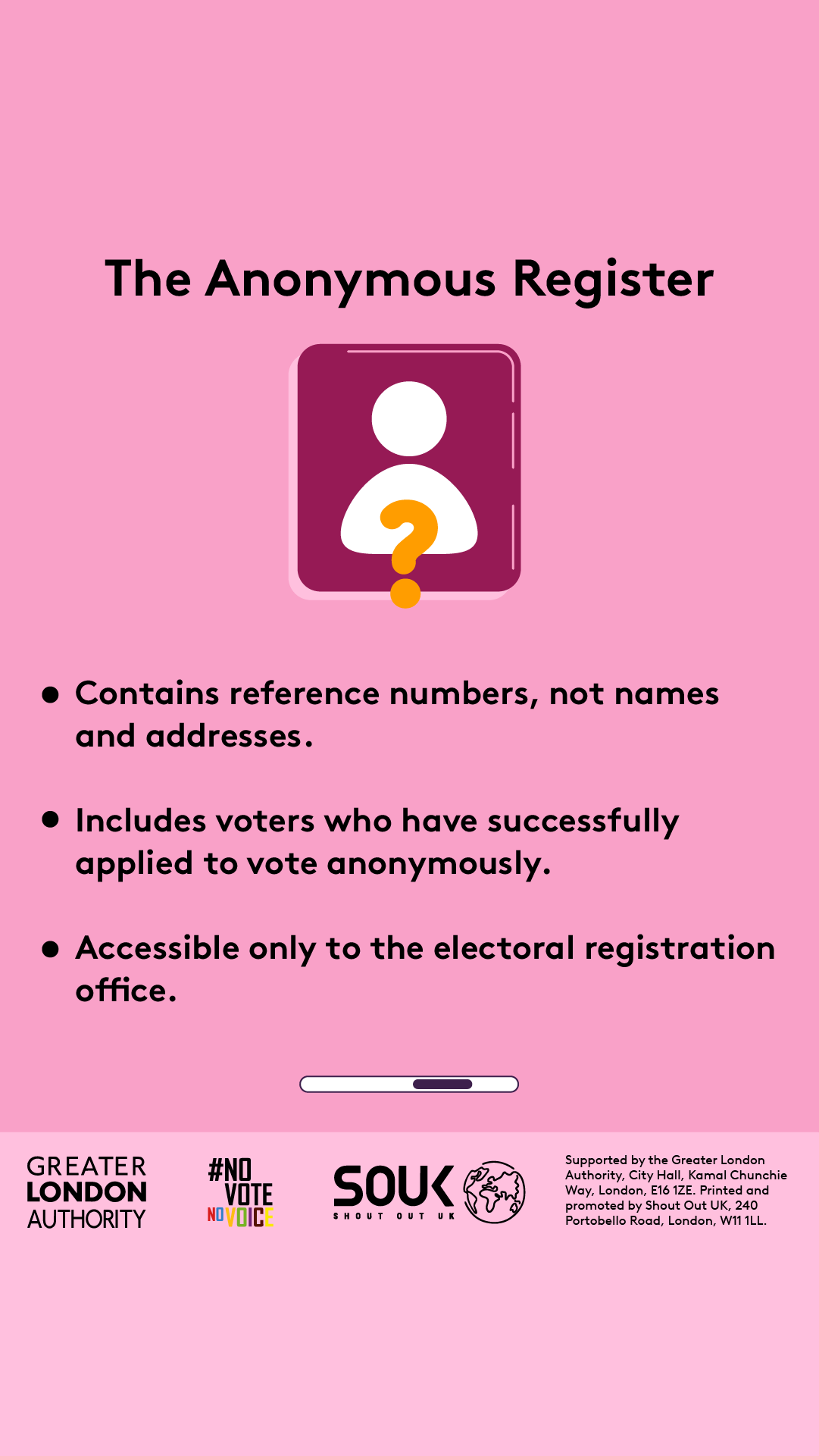 The anonymous register. Contains reference numbers, not names and addresses. Includes voters who have successfully applied to vote anonymously. Accessible only to the electoral registration office with an outline of a person with a question mark. 