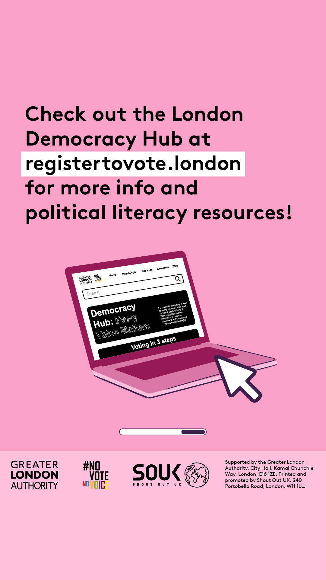 Check out the GLA Democracy Hub for more info on political literacy resources with an open laptop computer with the Democracy Hub homepage on the screen. 