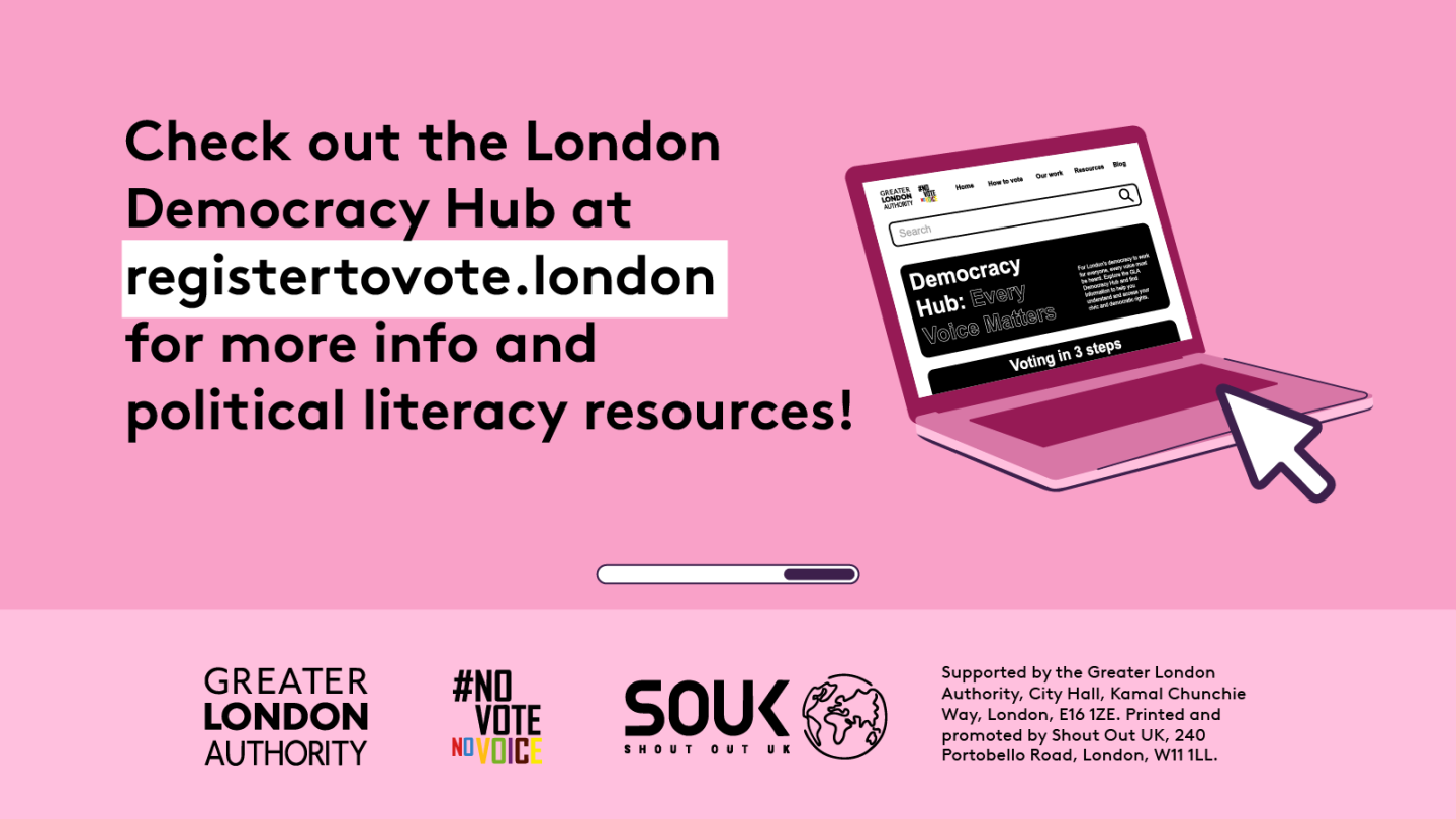 Check out the GLA Democracy Hub for more info on political literacy resources with an open laptop computer with the Democracy Hub homepage on the screen. 