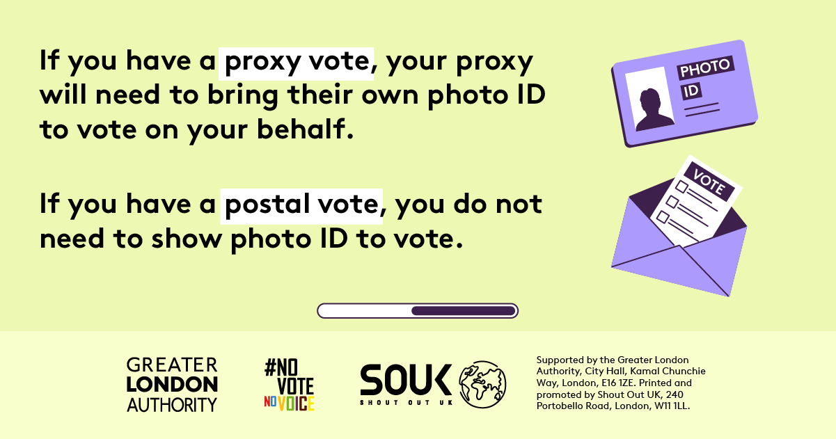If you have a proxy vote, your proxy will need to bring their own photo ID to vote on your behalf with an image of a photo ID example with the outline of a person. If you have a postal vote, you do not need to show photo ID to vote with a ballot paper with vote written at the top being placed into an open envelope. 