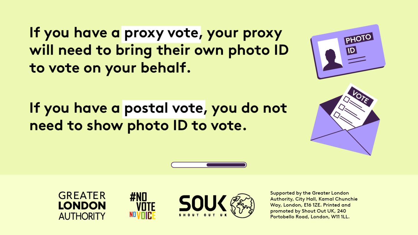 If you have a proxy vote, your proxy will need to bring their own photo ID to vote on your behalf with an image of a photo ID example with the outline of a person. If you have a postal vote, you do not need to show photo ID to vote with a ballot paper with vote written at the top being placed into an open envelope. 