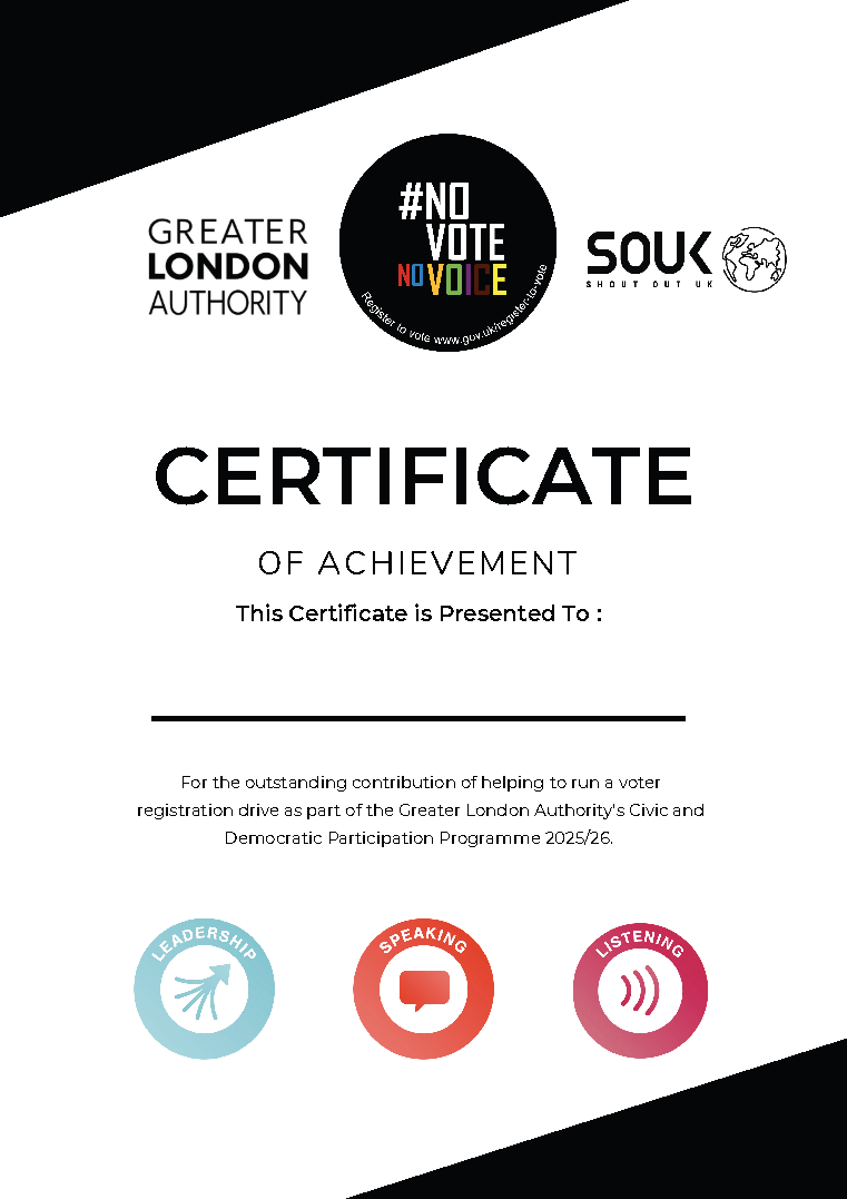 Certificate of achievement for completion of a voter registration of leadership, speaking and listeningdrive highlighting the skills demonstrated 