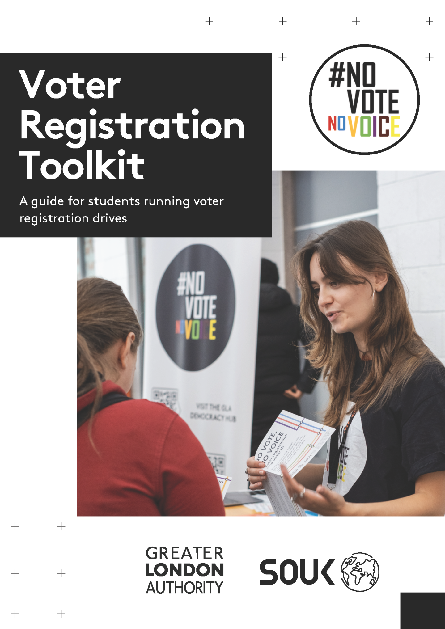 Cover page of voter registration toolkit with people engaging at a voter registration stall