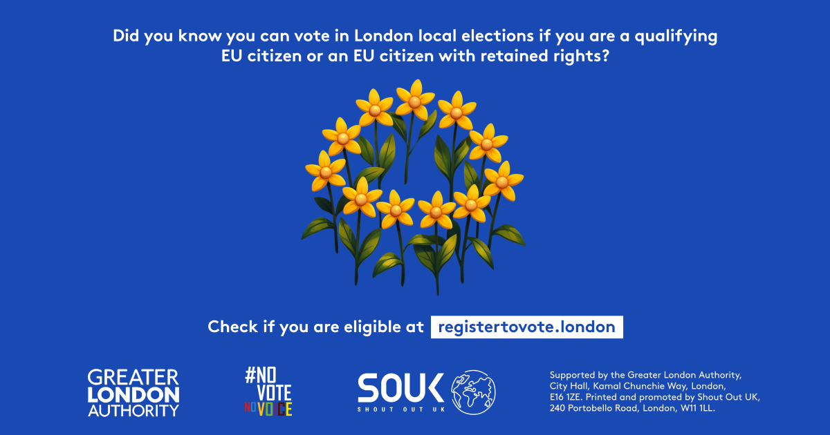Did you know you can vote in London local elections if you are a qualifying EU citizen or an EU citizen with retained rights? Yellow flowers in a circle similar to the golden stars on the European Union flag. Check if you are eligible at GLA Democracy Hub. 