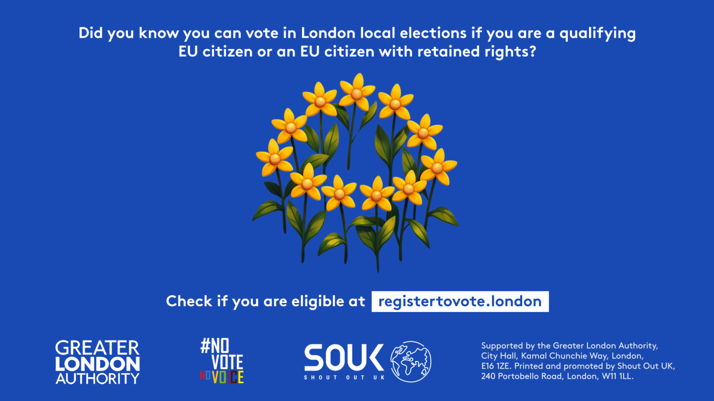 Did you know you can vote in London local elections if you are a qualifying EU citizen or an EU citizen with retained rights? Yellow flowers in a circle similar to the golden stars on the European Union flag. Check if you are eligible at GLA Democracy Hub. 