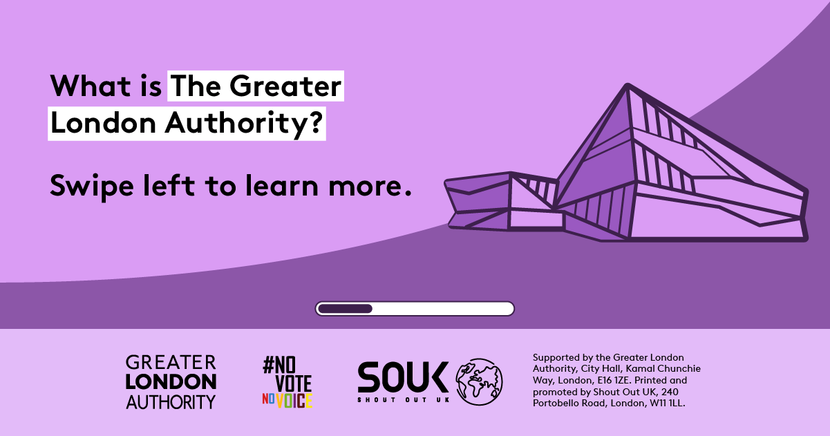 What is The Greater London Authority? Swipe left to learn more. There’s an outline image of London City Hall at Kamal Chunchie Way. 