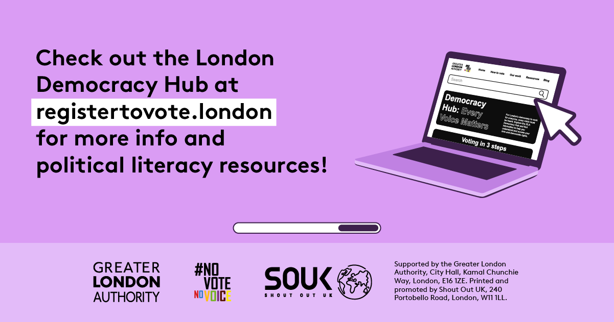 Check out the GLA Democracy Hub for more info on political literacy resources with an open laptop computer with the Democracy Hub homepage on the screen. 