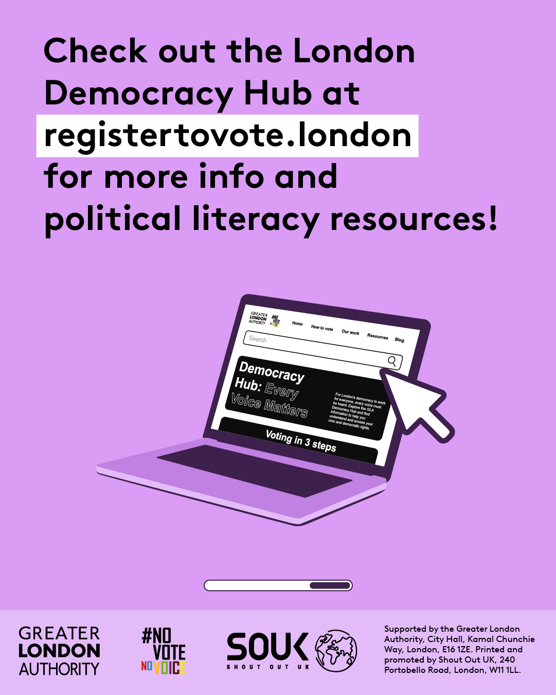 Check out the GLA Democracy Hub for more info on political literacy resources with an open laptop computer with the Democracy Hub homepage on the screen. 