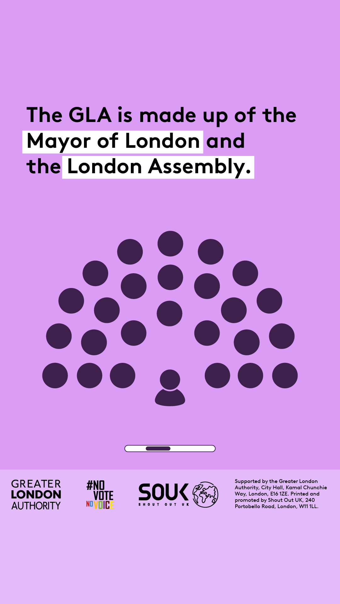 The GLA is made up of the Mayor of London and the London Assembly. Equal sized dots to represent the Mayor of London and London Assembly members are arranged in the same way that they sit in the chamber at London City Hall. 